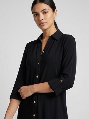 Anne Klein Black Button Down Blouse Gold Buttons Roll Tab Sleeves L NWT